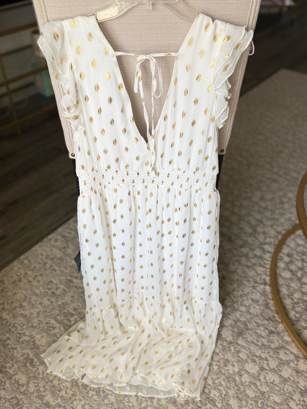 Lulu's Cause to Celebrate White and Gold Dot Ruffled Tiered Midi Dress - Picture 9 of 12
